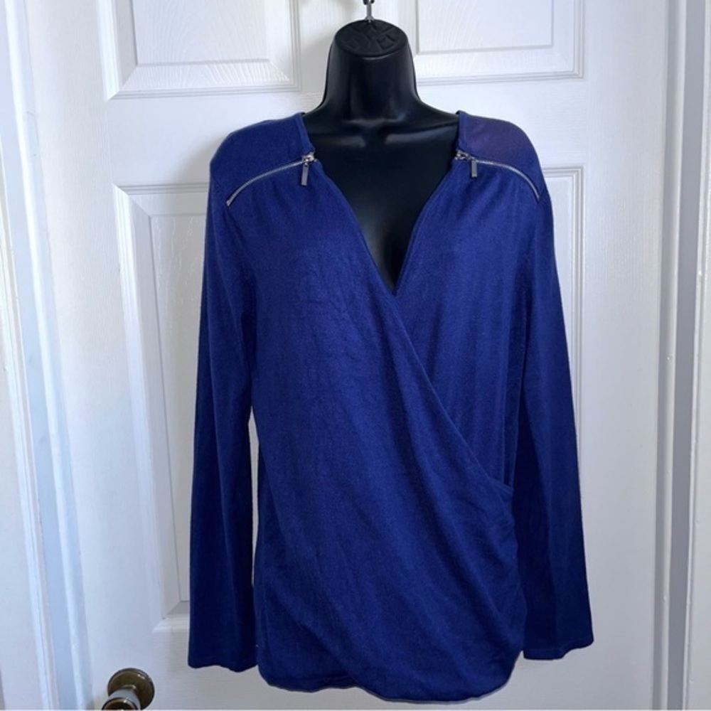 32/5$💥 Dulcinea Blouse Top Wrap V-Neck Blue Large Women Zip Long sleeve Cocktail